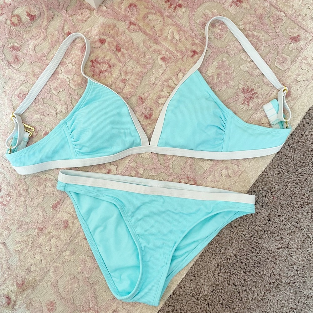 Target Xhilaration Bright Turquoise Triangle Bikini with White Trim, Size Small